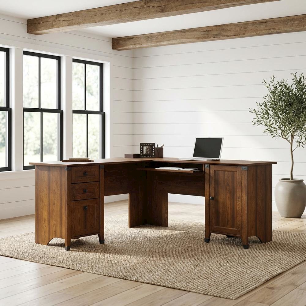 Rustic Brown L-Shaped Desk with Rectangular Top and Country Style