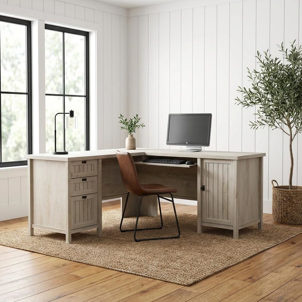 Chalked Chestnut Office L Desk With Coastal Cottage Style And Rectangular Shape