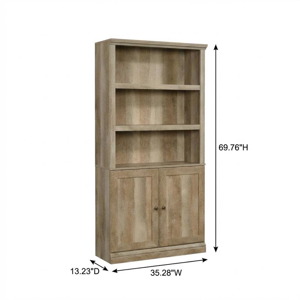 Oak finish storage library with spacious design and sturdy rectangle shape