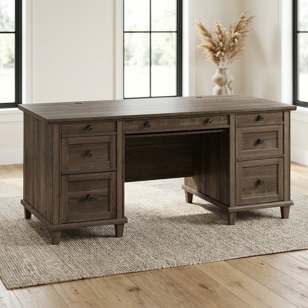 Emery Oak Executive Office Desk With Rectangular Shape And Traditional Style