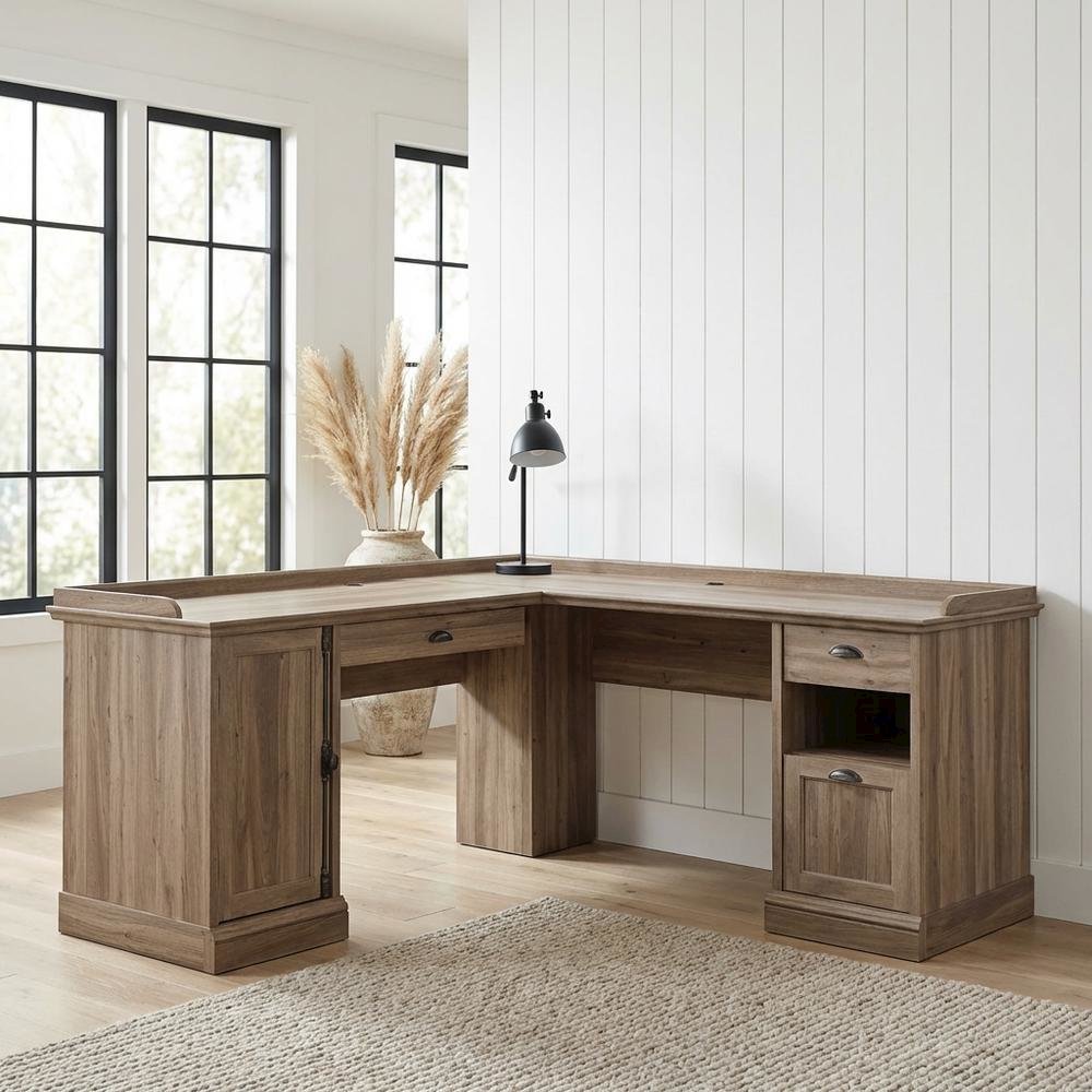 L-Shaped Office Desk Salt Oak Finish With Modern Farmhouse Style
