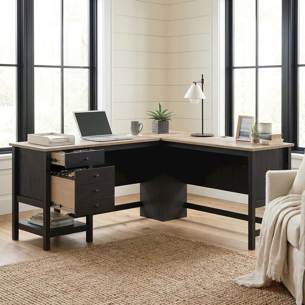 Black Raven Oak Finish L-Shaped Desk With Coastal Cottage Style