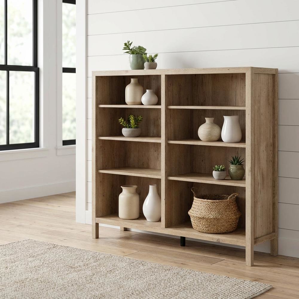 Rustic Oak Finish Bookcase with Coastal Style and Easy Storage