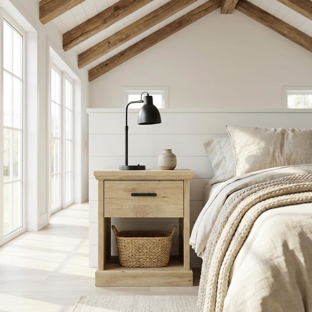 Modern Farmhous Style Night Stand in Oak Finish with Simple Rectangular Design