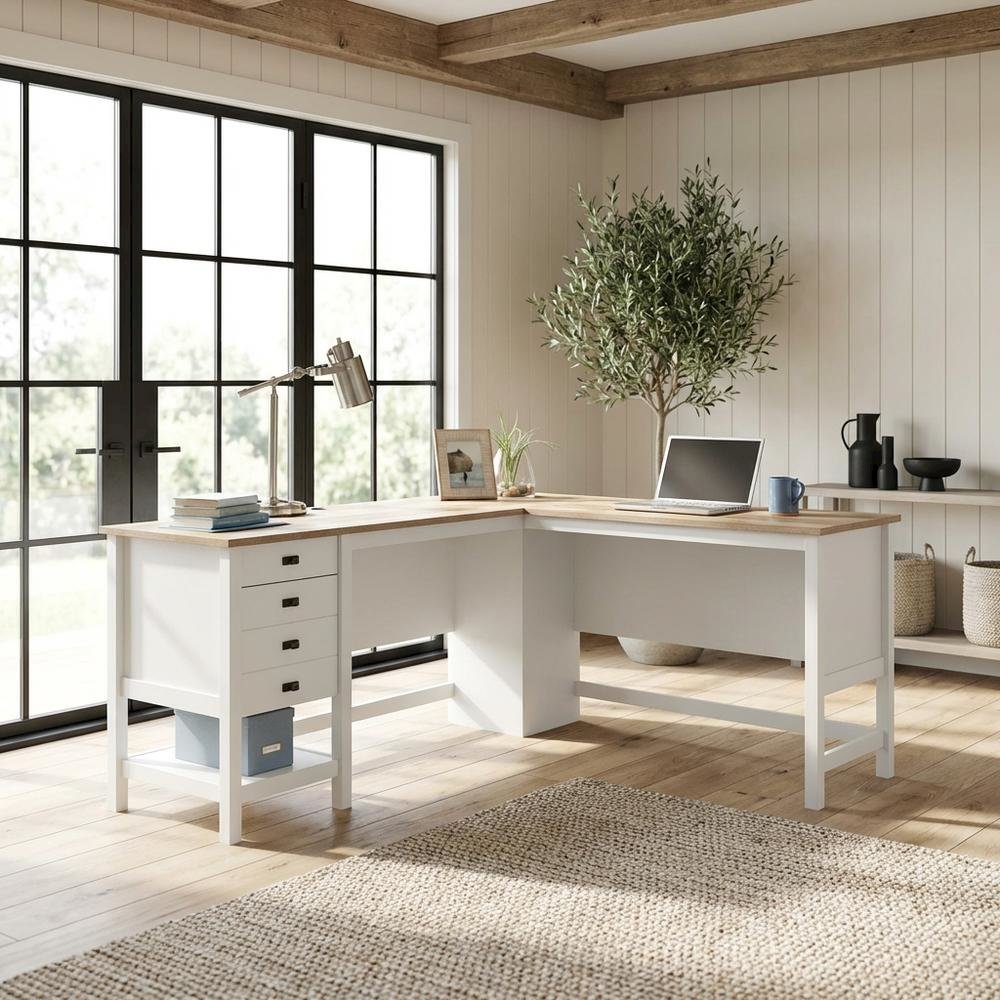 White L-Shaped Desk With Modern Farmhouse Finish For Home Office