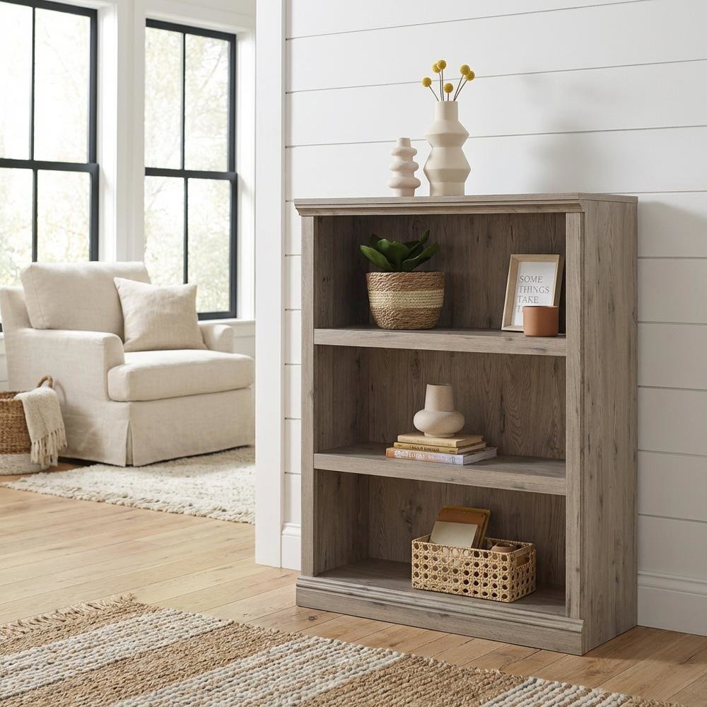 Wooden storage bookcase in oak finish with versatile coastal cottage style