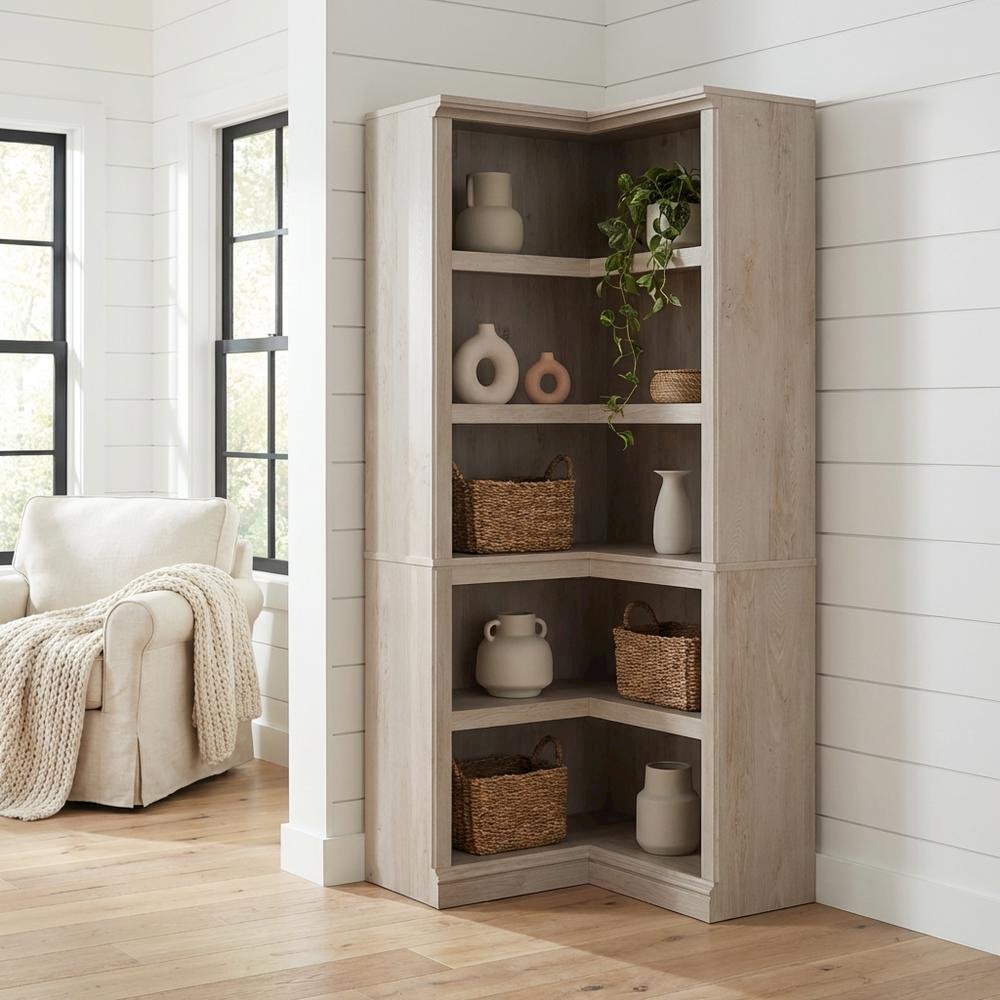 Wooden storage bookcase in chalked chestnut finish with coastal cottage style