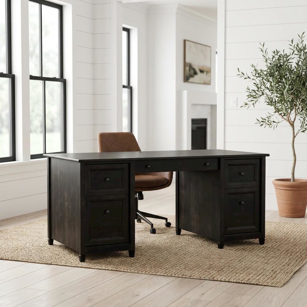 Black Executive Desk With Rectangular Shape And Coastal Cottage Style