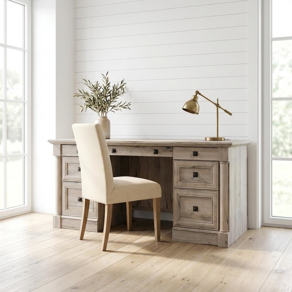 Wood Office Desk In Split Oak Finish With Traditional Style And Spacious Design