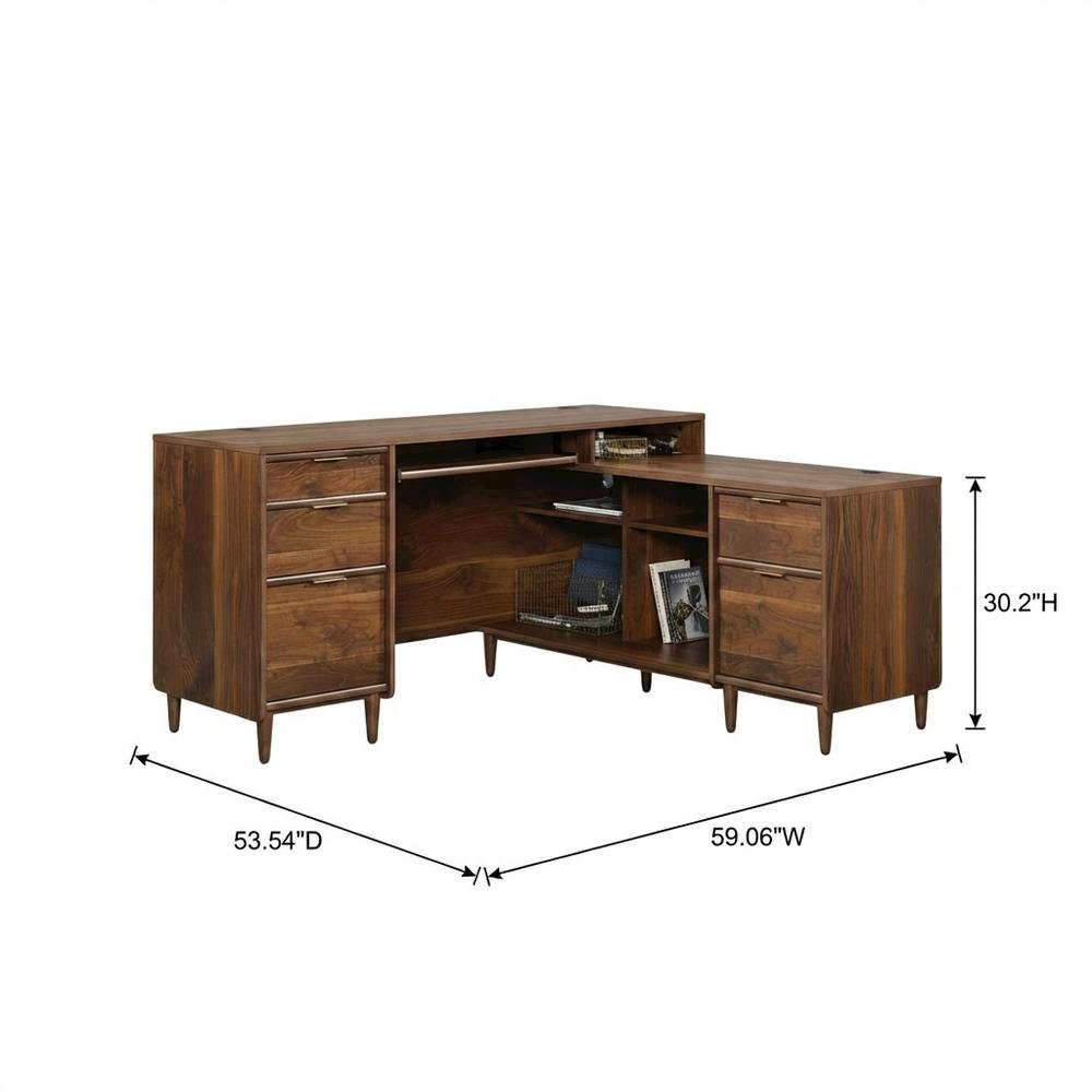 Grand Walnut Finish Office L Desk With Modern Mid-Century Style