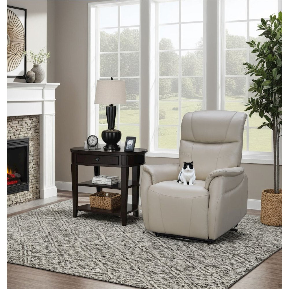 Beige Leather Power Lift Recliner with Power Head Rest & Lumbar Support