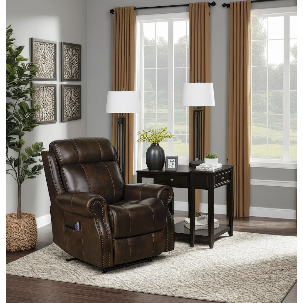 Power Lift Recliner with Adjustable Headrest & Lumbar, Brown Leather
