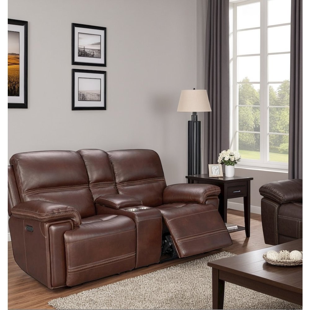 Brown Leather Power Reclining Console Loveseat with Power Headrests and Comfort