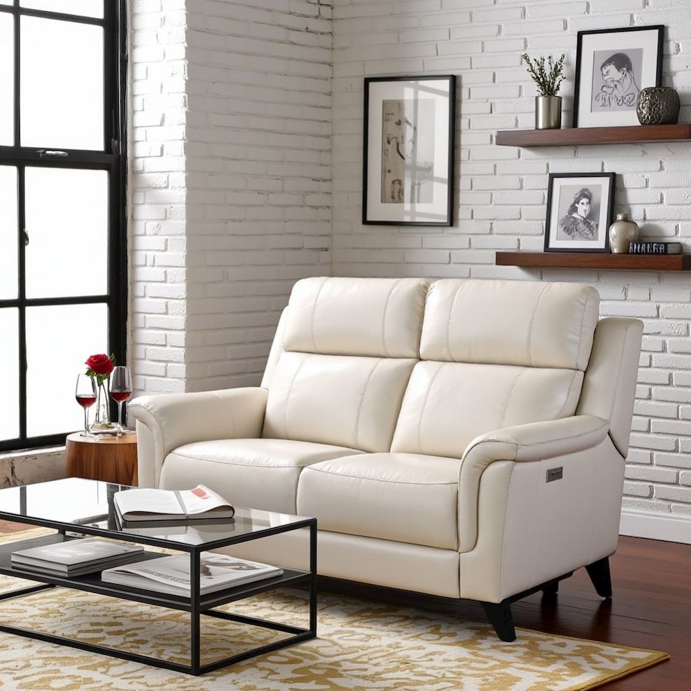 Beige Leather Power Reclining Loveseat with USB Ports and Headrests