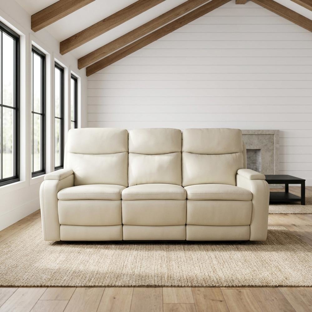 Leather Power Reclining Sofa with Power Headrest, Recliner Couch, Almond