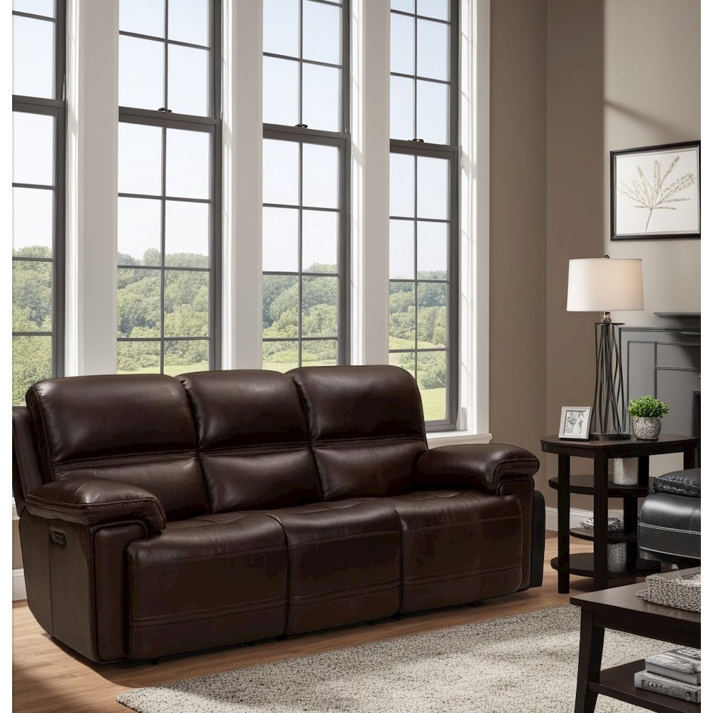Brown Leather Power Reclining Sofa with Adjustable Headrests and Comfort