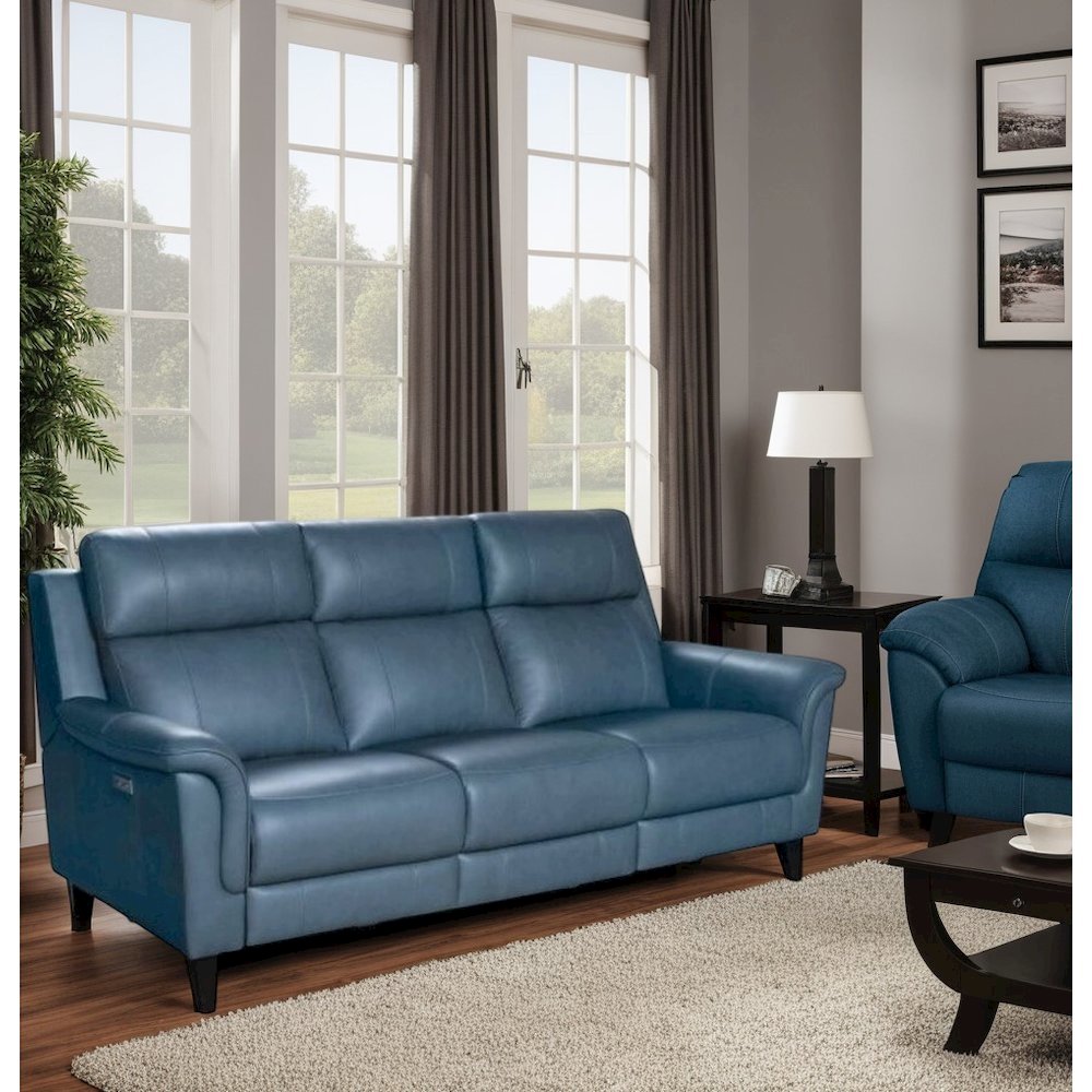 Blue Leather Power Reclining Sofa with Power Headrests and Hardwood Frame