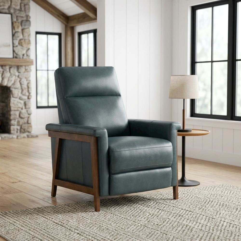 Leather Wall Hugger Recliner Chair with Push-Thru-Arms, Roma Bluegray
