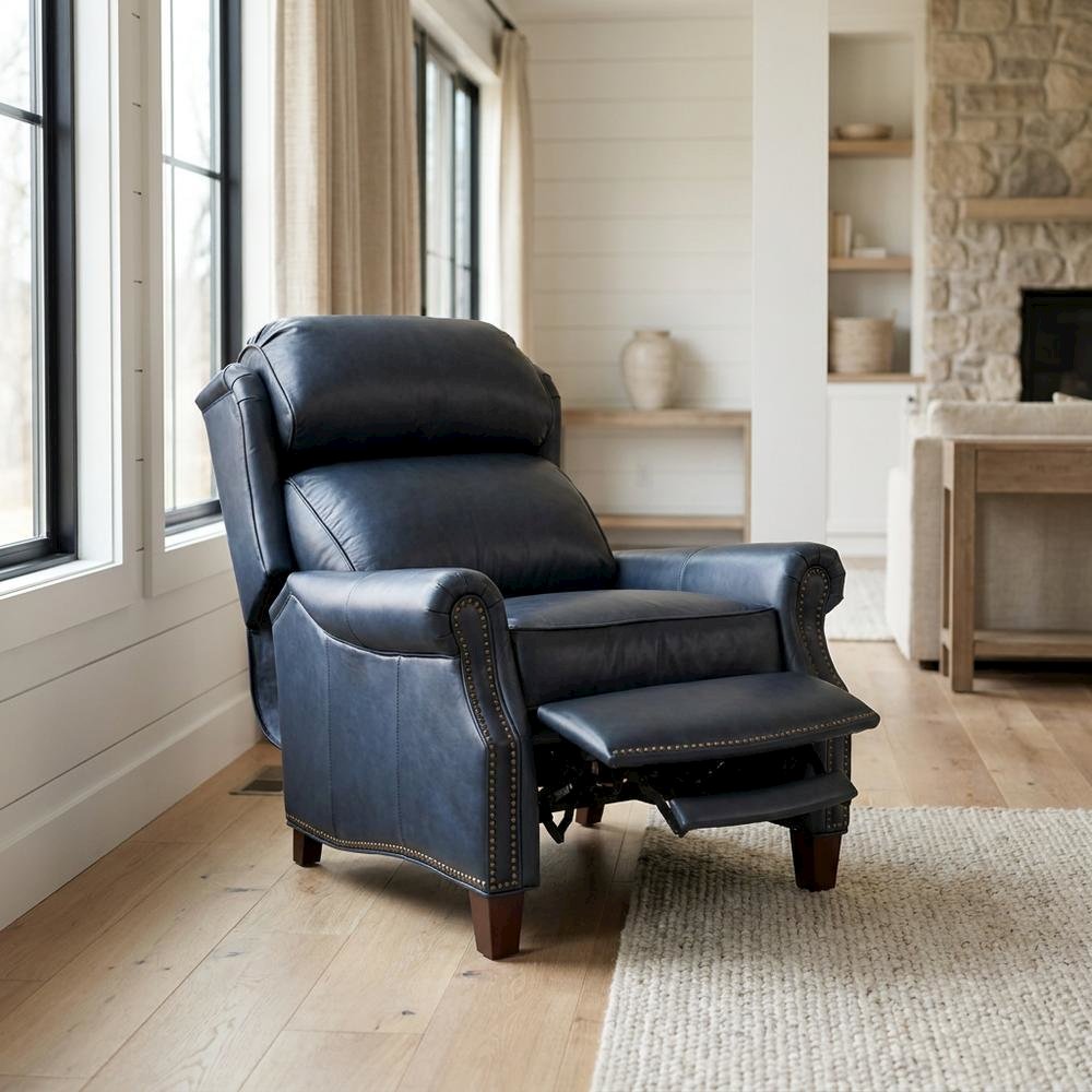 Meade Leather Manual Recliner Chair with Wall-Proximity Design, Shoreham Blue