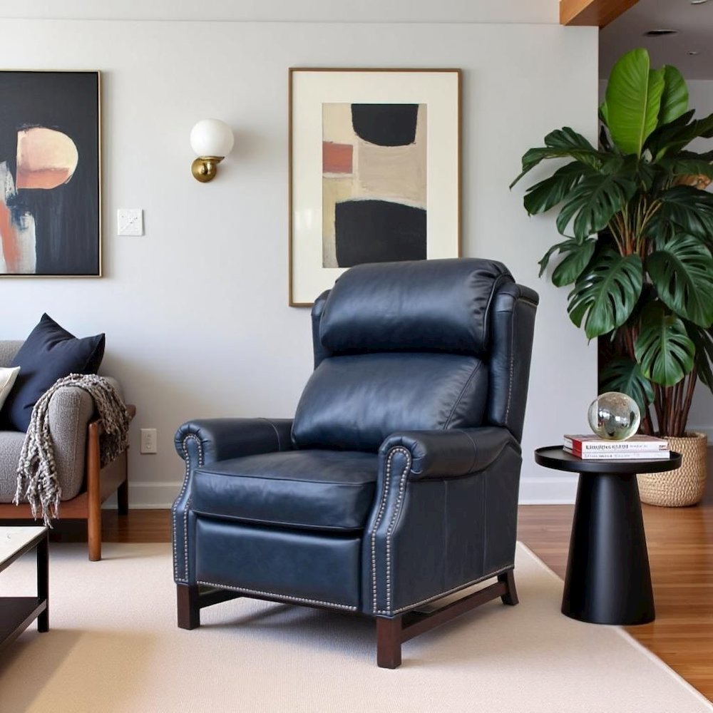 Blue Leather Recliner Chair with Push-Thru Arms and Footrest Support