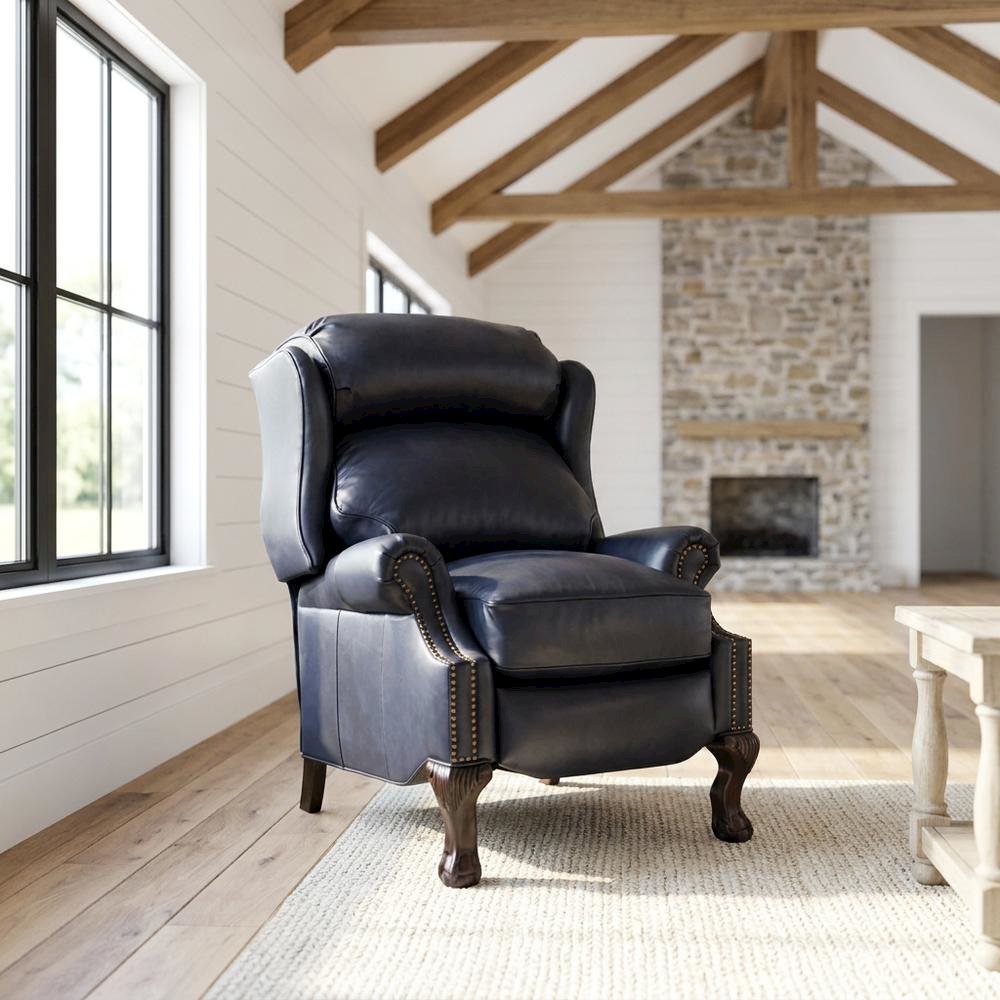 Leather-Upholstered Recliner with Wall-Proximity Design, Shoreham Blue