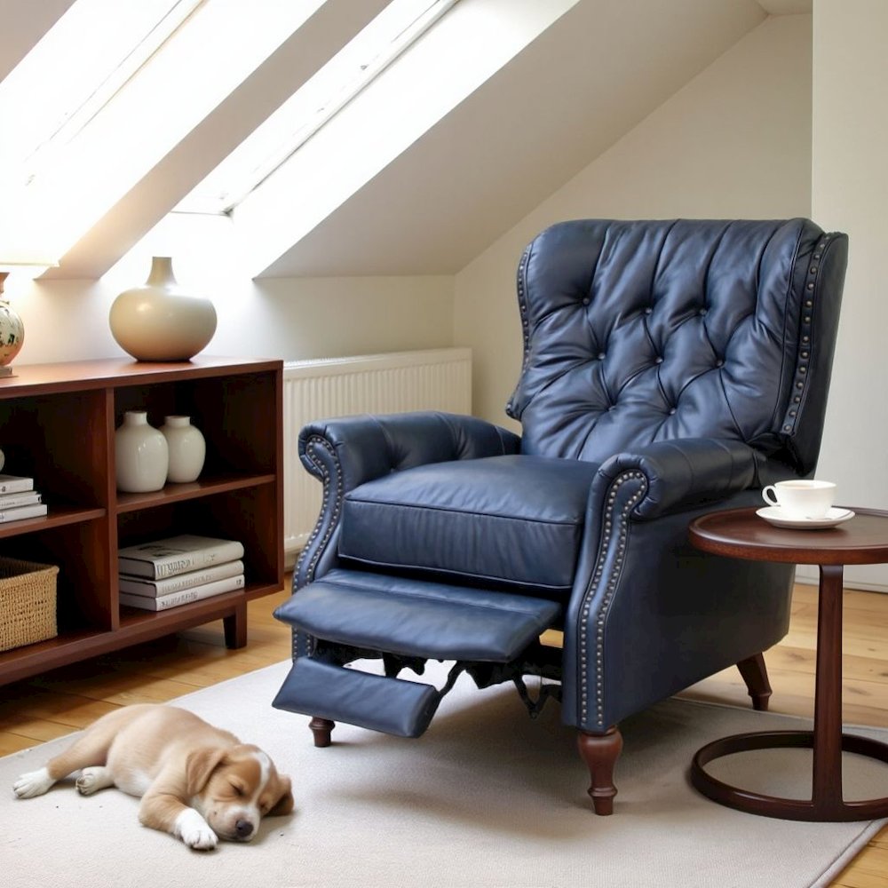 Blue Leather Chair Recliner with Tufted Barrel Back and Footrest