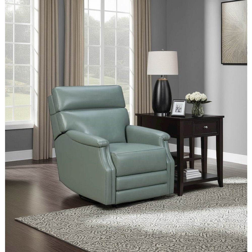 Gray Leather Power Recliner with Power Headrest and Forward Tilt Feature