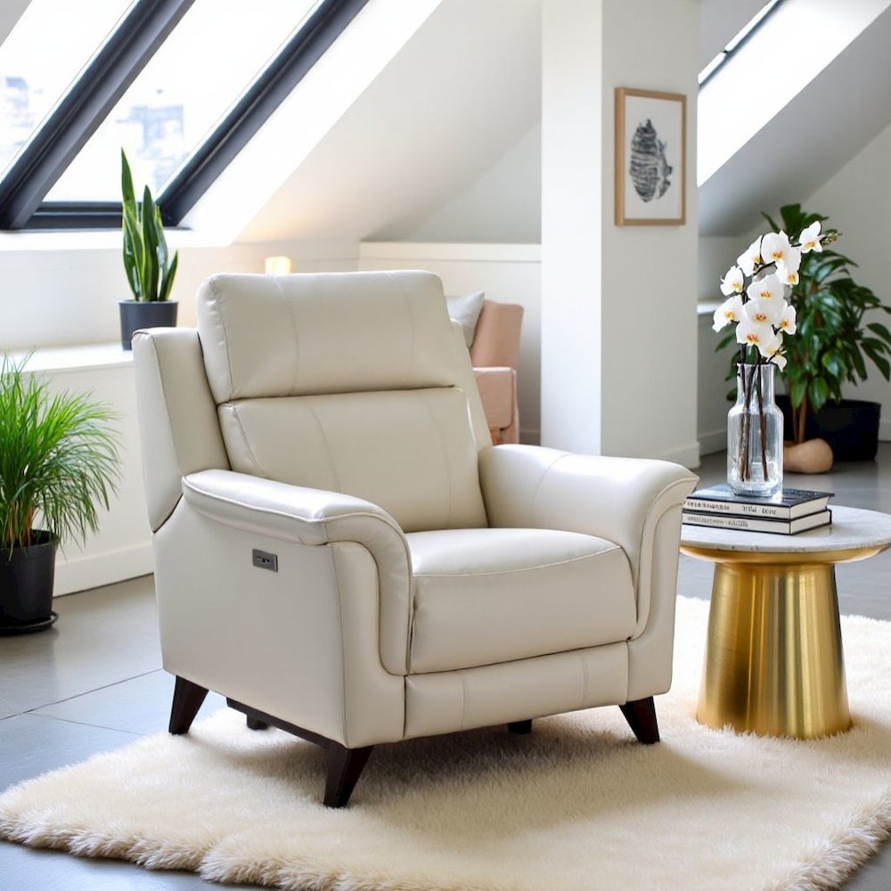 Beige Leather Reclining Chair with Power Headrest and USB Charging Port