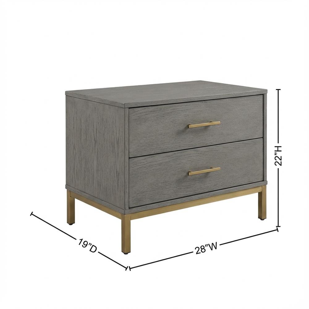 Grey Bedroom Nightstand with Soft-Close Drawers and Gold Iron Legs