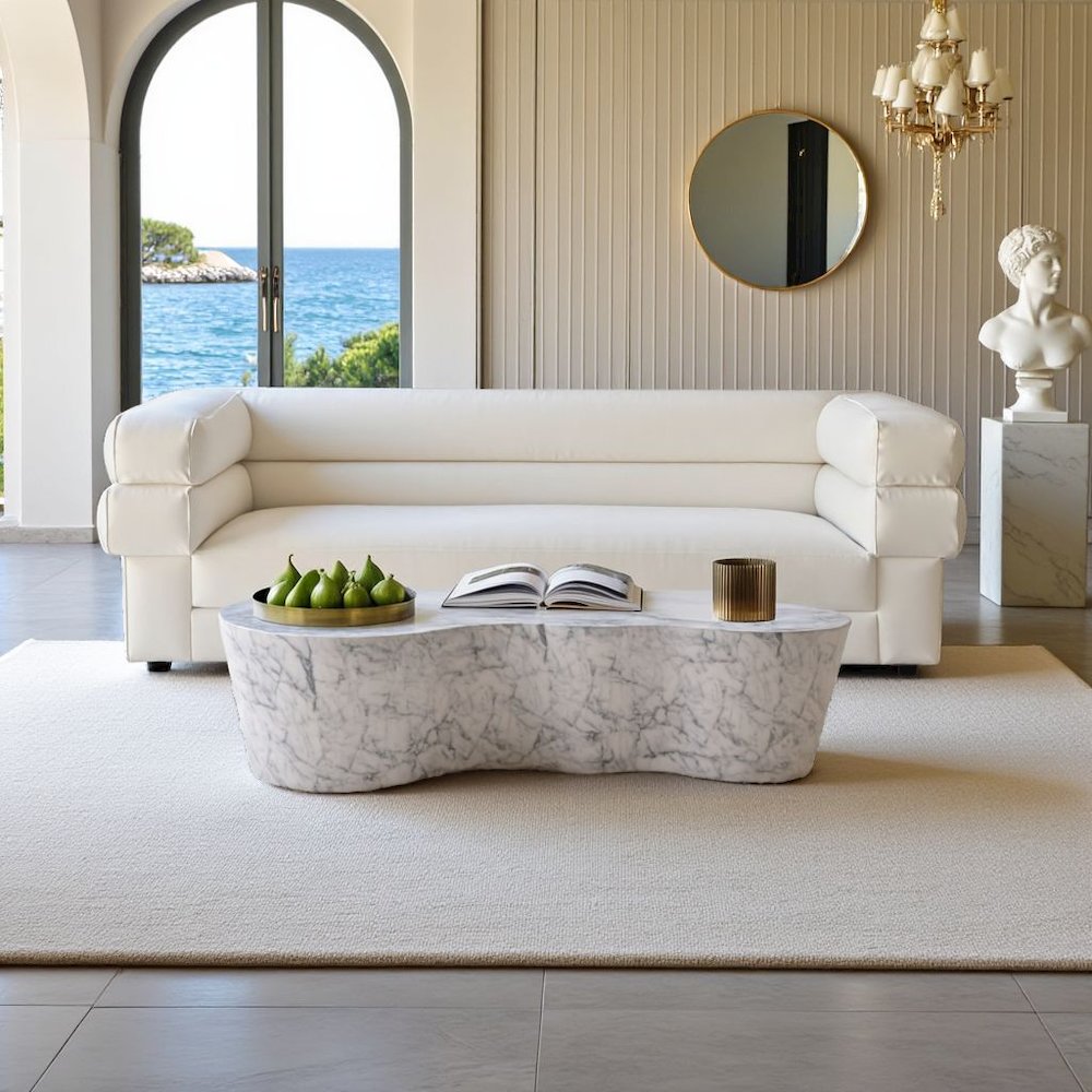 Modern White Stone Coffee Table with Marble Veneer Concrete Finish