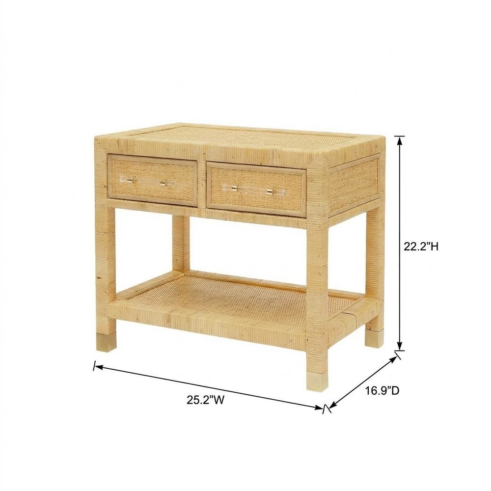 Rattan Nightstand with Mahogany Legs and Storage Compartments