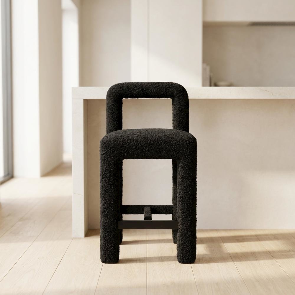 Black Boucle Counter Stool with Modern Design and Comfortable Seat