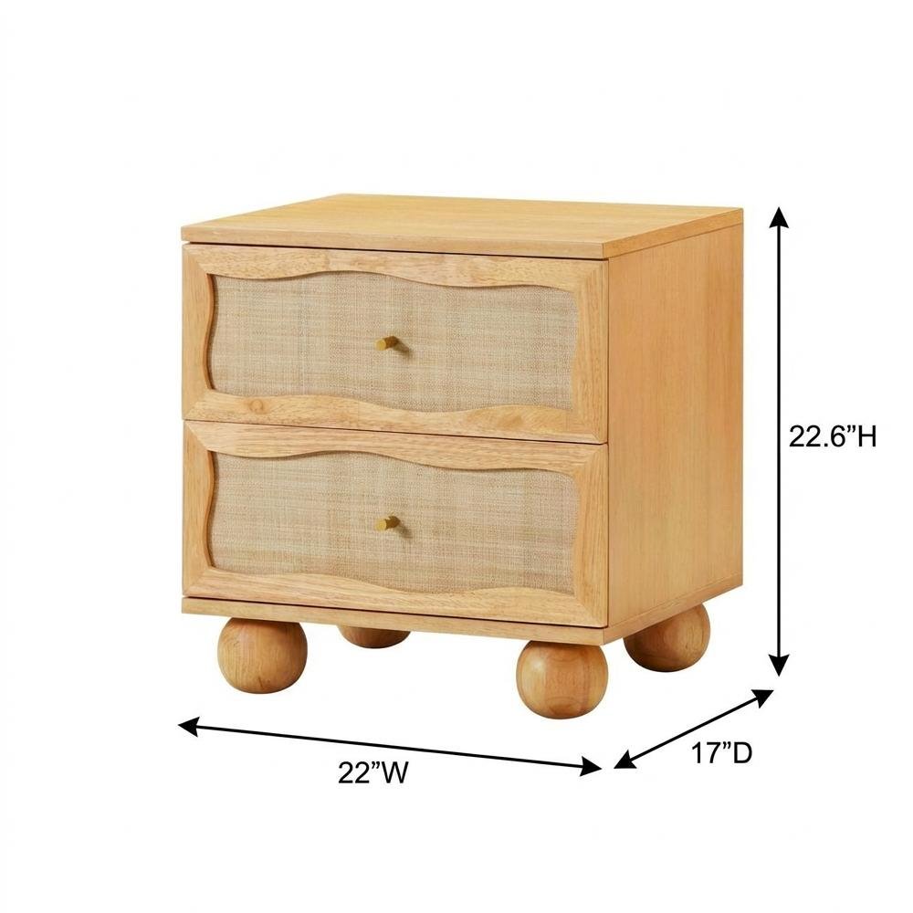 Wood and Rattan Wavy Nightstand with Soft Close Drawers