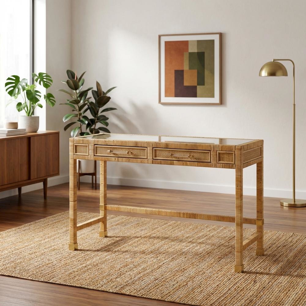 Glass Top Rattan Writing Desk With Drawers And Natural Veneer Wood Base