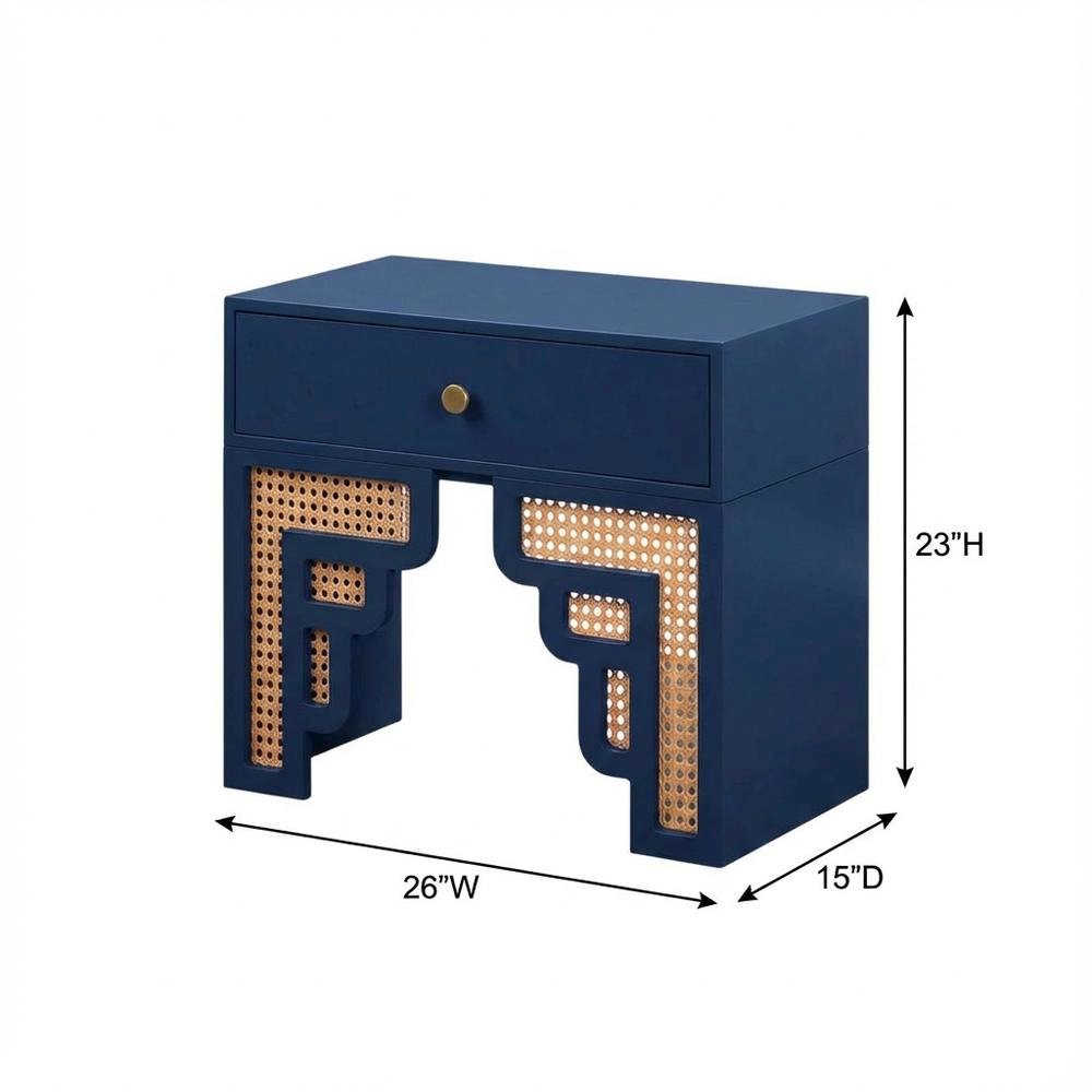 Navy & Rattan Nightstand with Soft-Close Drawers and Elegant Leg Design