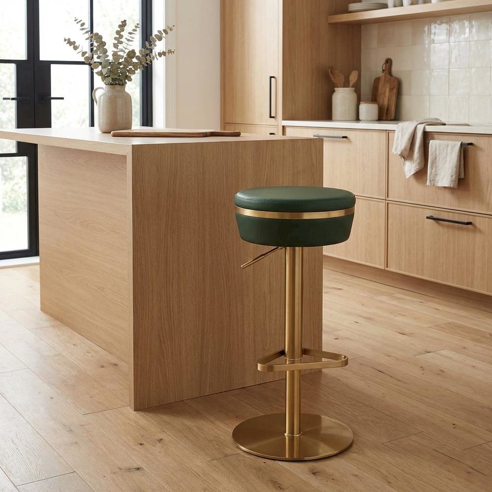 Malachite Green and Gold Adjustable Bar Stool with Fiber-Wrapped Foam Seat