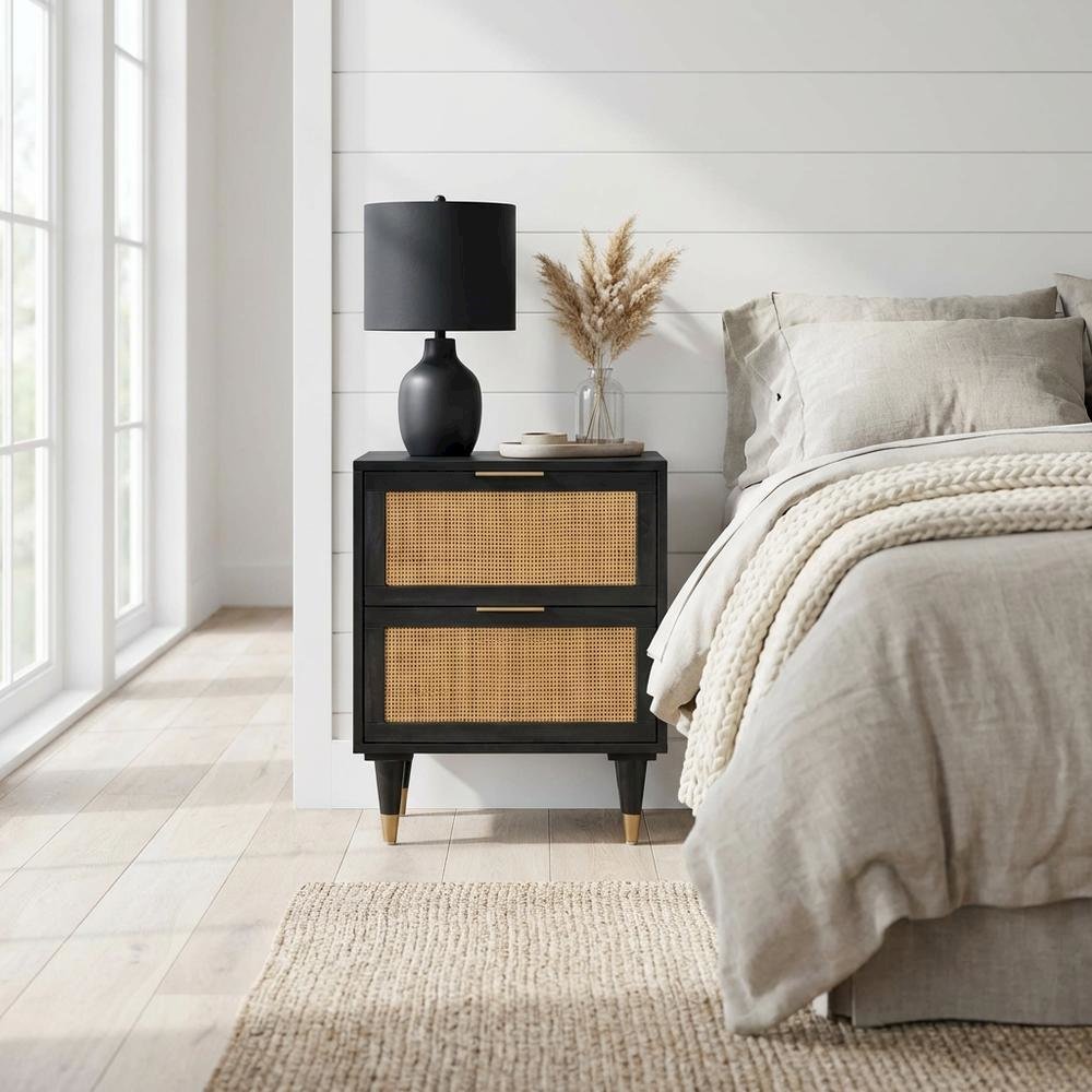 Modern Jungle Nightstand with Black Iron Legs and Soft Close Drawers