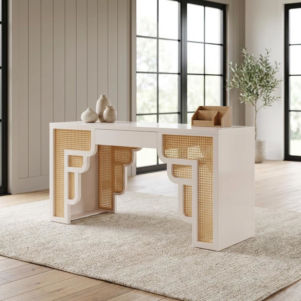 Cream and Rattan Executive Desk with Adjustable Shelf and Soft-Close Drawers