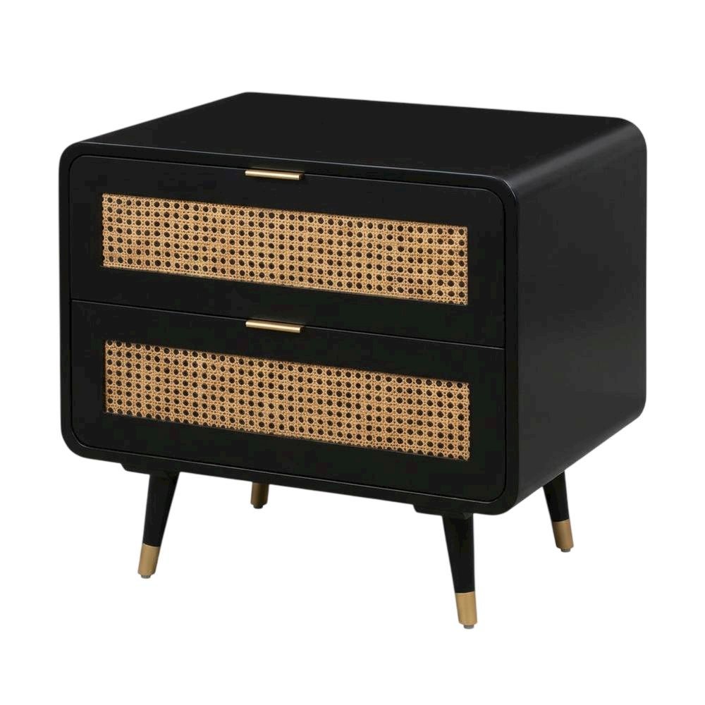 Mid-Century Nightstand with Black Legs and Soft-Close Drawers in Acacia