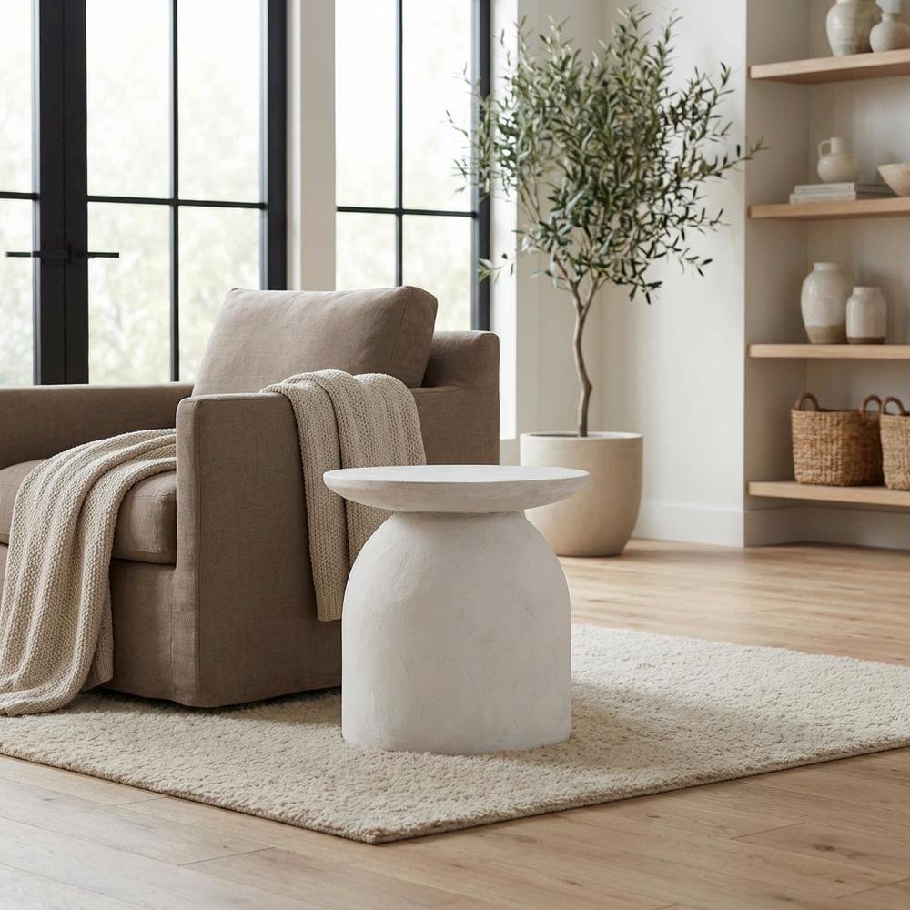 White Concrete Side Table with Adjustable Shelf and Modern Design
