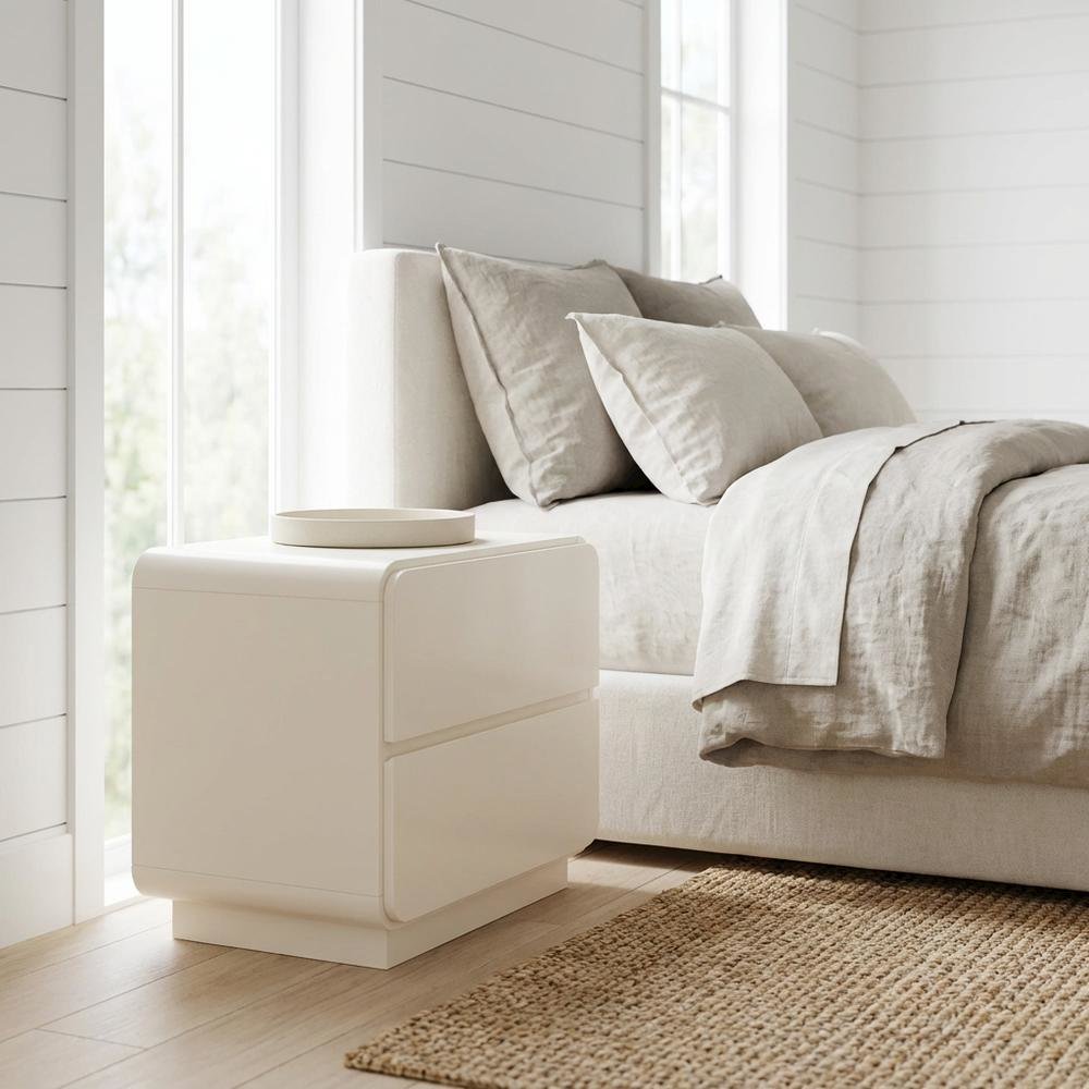 Cream Nightstand with Soft Close Drawers and Acacia Legs