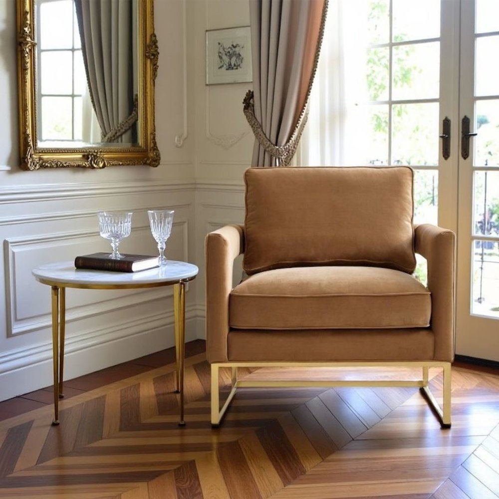 Cognac Velvet Armchair With Gold Legs And Foam Cushioning For Living Room