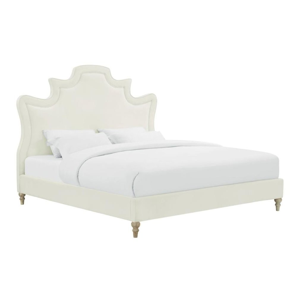 Cream Velvet Bed Frame King Size With Wood Slats And Refined Upholstered Base