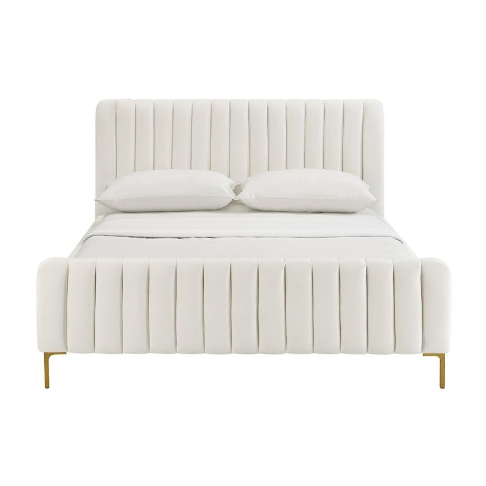 Beige Velvet Queen Bed Frame With Channel Tufting And Gold Metal Legs