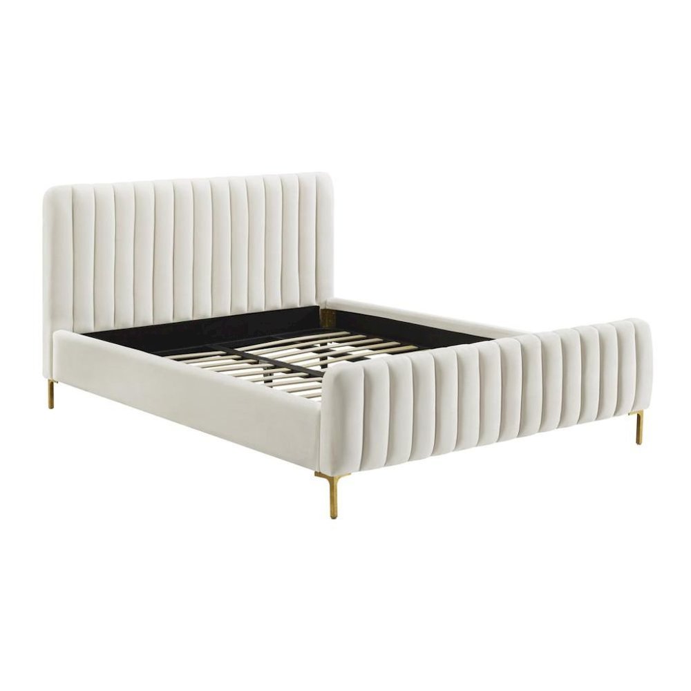 Beige Full Size Velvet Bed Frame With Gold Legs And Channel Tufted Headboard