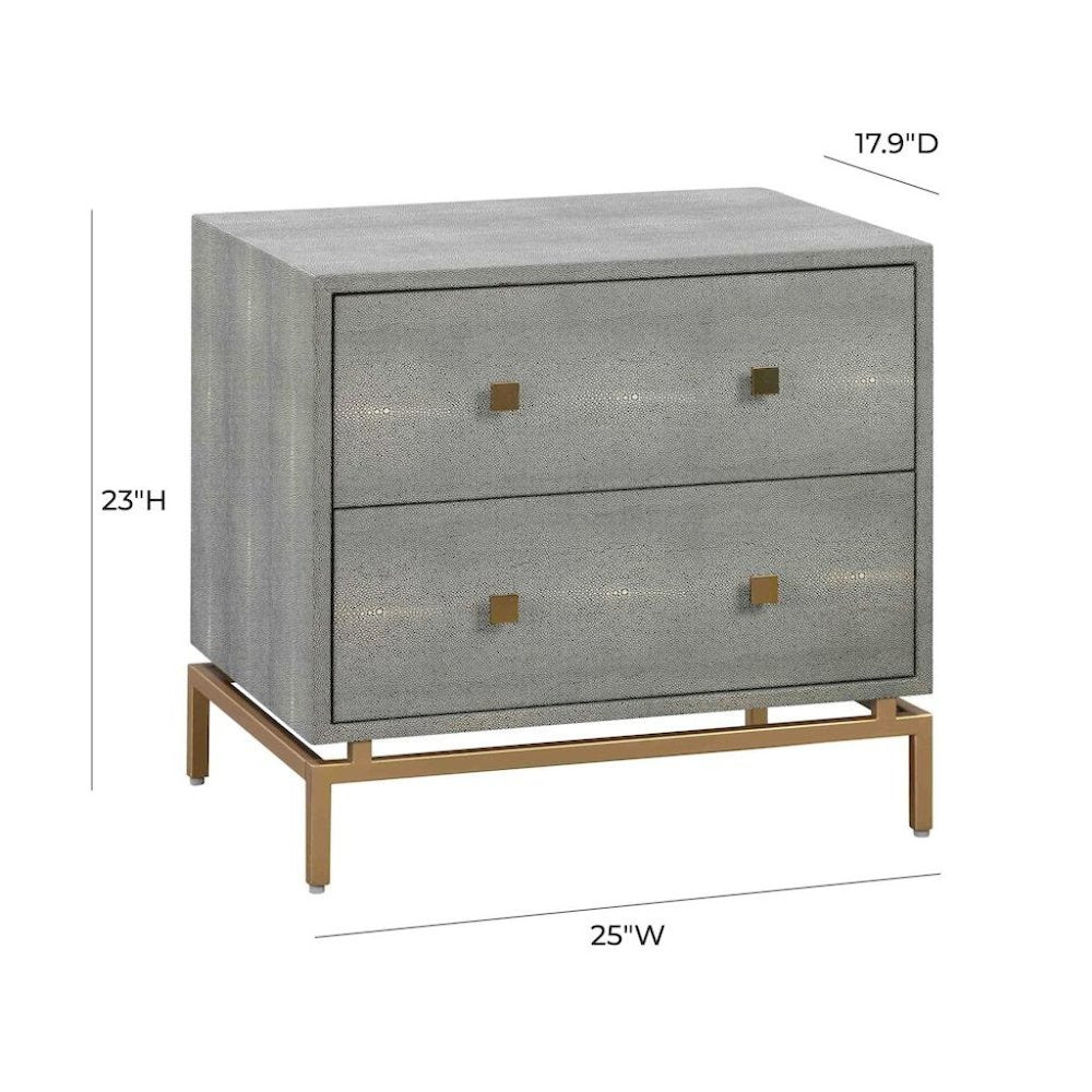 Gray Wood Night Stand With 2 Drawers And Gold Base, Shagreen Textured Finish