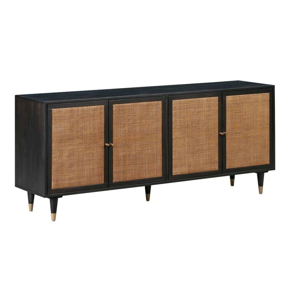 Black Rattan Cabinet With Doors And Brass Accents, A Boho Media Console