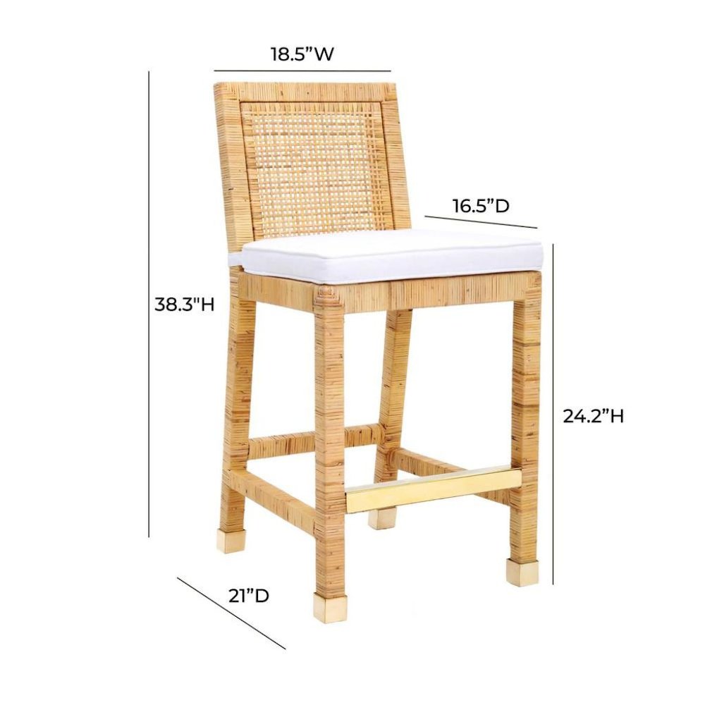 Rattan Counter Stool With White Fabric Seat And Light Wood Framed Back
