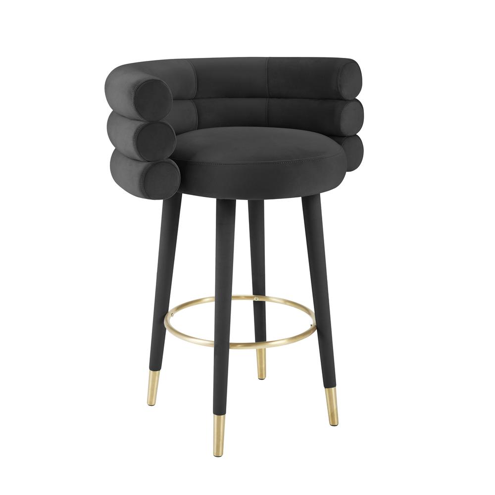 Black velvet barstool with gold metal legs, modern design, 36.6-inch height