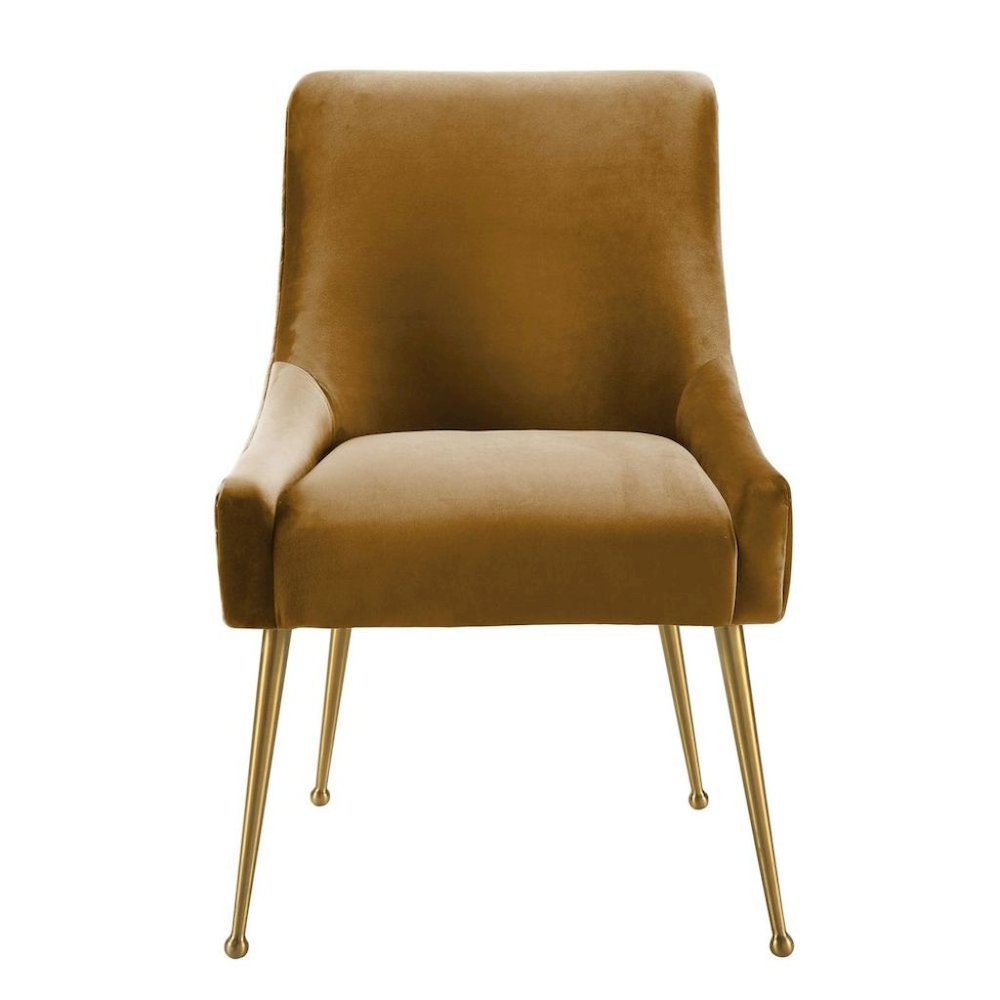 Brown Cognac Velvet Accent Chair With Gold Legs For Dining Room Or Living Space